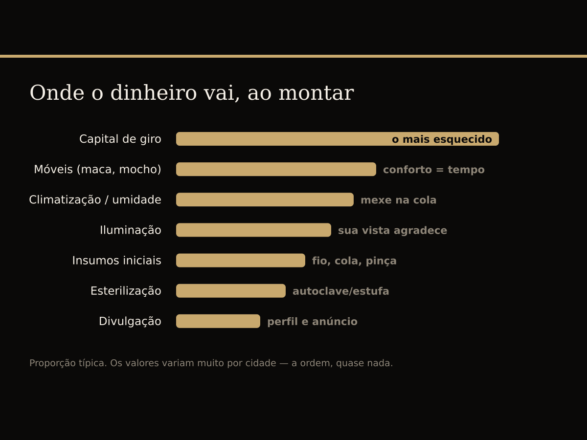 Composição do investimento para montar um estúdio de cílios: capital de giro, móveis, climatização, iluminação, insumos, esterilização e divulgação.