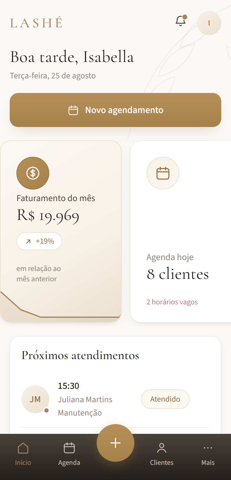 O LASHÉ aberto no celular, com o menu embaixo