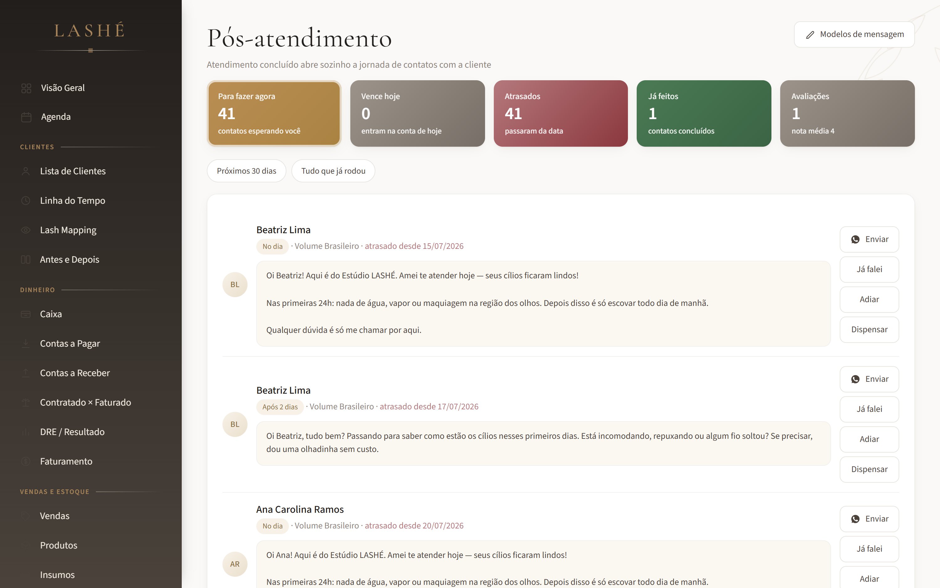 Tela de pós-atendimento do LASHÉ com as mensagens prontas por etapa